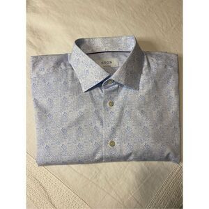 L/XL Eton dress shirt blue paisley pattern. Extra button. 100% cotton Poplin.